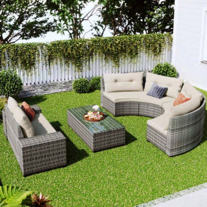 GO 8 - pieces Outdoor Wicker Round Sofa Set, Half - Moon Sectional Sets All Weather, Curved Sofa Set With Rectangular Coffee Table, PE Rattan - resistant and Protected, Movable Cushion, Beige