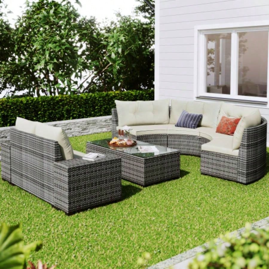 GO 8 - pieces Outdoor Wicker Round Sofa Set, Half - Moon Sectional Sets All Weather, Curved Sofa Set With Rectangular Coffee Table, PE Rattan - resistant and Protected, Movable Cushion, Beige