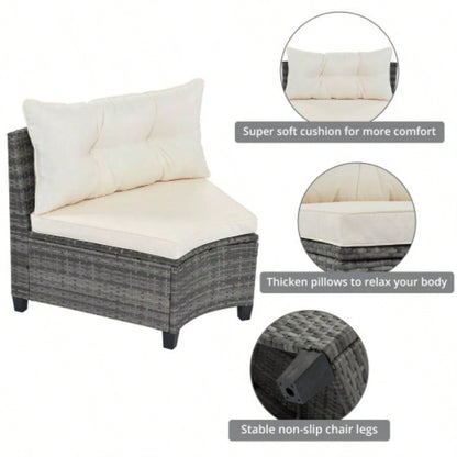 GO 8 - pieces Outdoor Wicker Round Sofa Set, Half - Moon Sectional Sets All Weather, Curved Sofa Set With Rectangular Coffee Table, PE Rattan - resistant and Protected, Movable Cushion, Beige