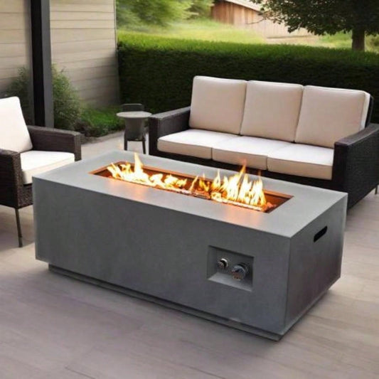 42 Propane Gas Fire Pit Table 2 - Pieces, 50000 BTU Rectangular Steel Fire Pit with Glass Wind Guard Outside Patio Deck Garden Courtyard - Gray