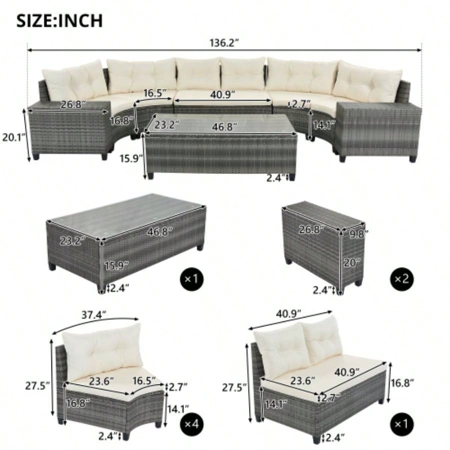 GO 8 - pieces Outdoor Wicker Round Sofa Set, Half - Moon Sectional Sets All Weather, Curved Sofa Set With Rectangular Coffee Table, PE Rattan - resistant and Protected, Movable Cushion, Beige