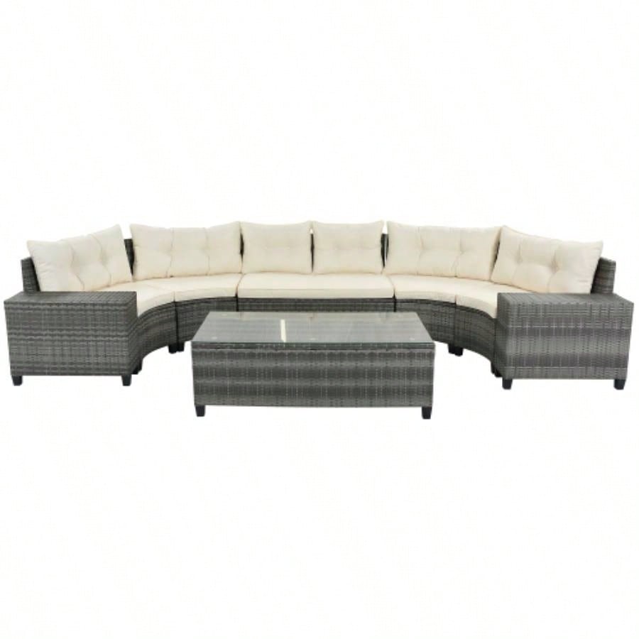 GO 8 - pieces Outdoor Wicker Round Sofa Set, Half - Moon Sectional Sets All Weather, Curved Sofa Set With Rectangular Coffee Table, PE Rattan - resistant and Protected, Movable Cushion, Beige