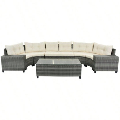GO 8 - pieces Outdoor Wicker Round Sofa Set, Half - Moon Sectional Sets All Weather, Curved Sofa Set With Rectangular Coffee Table, PE Rattan - resistant and Protected, Movable Cushion, Beige