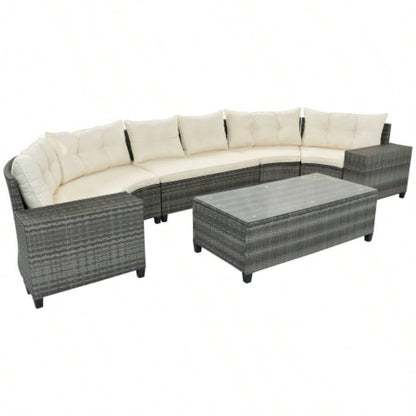 GO 8 - pieces Outdoor Wicker Round Sofa Set, Half - Moon Sectional Sets All Weather, Curved Sofa Set With Rectangular Coffee Table, PE Rattan - resistant and Protected, Movable Cushion, Beige