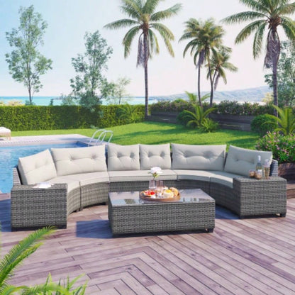 GO 8 - pieces Outdoor Wicker Round Sofa Set, Half - Moon Sectional Sets All Weather, Curved Sofa Set With Rectangular Coffee Table, PE Rattan - resistant and Protected, Movable Cushion, Beige