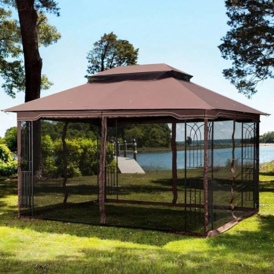 13x10 Outdoor Patio Gazebo Canopy Tent With Ventilated Double Roof And Mosquito netDetachable Mesh Screen On All SidesSuitable Lawn, Garden, Backyard and Deck, Brown Top