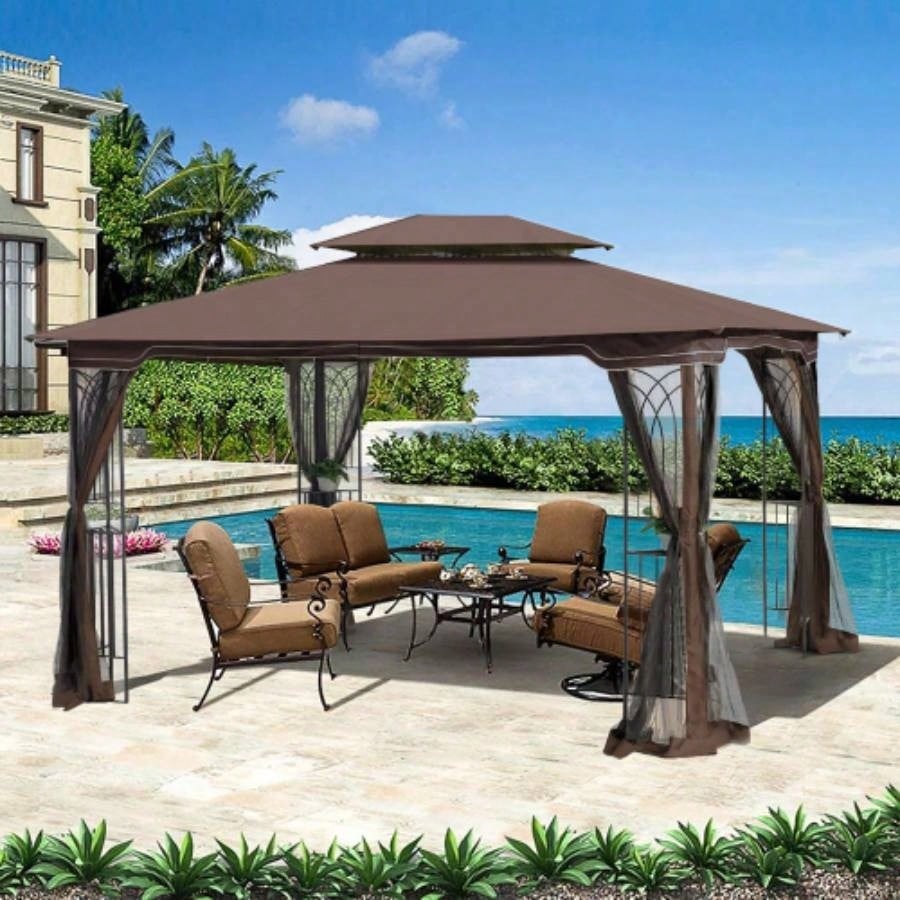 13x10 Outdoor Patio Gazebo Canopy Tent With Ventilated Double Roof And Mosquito netDetachable Mesh Screen On All SidesSuitable Lawn, Garden, Backyard and Deck, Brown Top