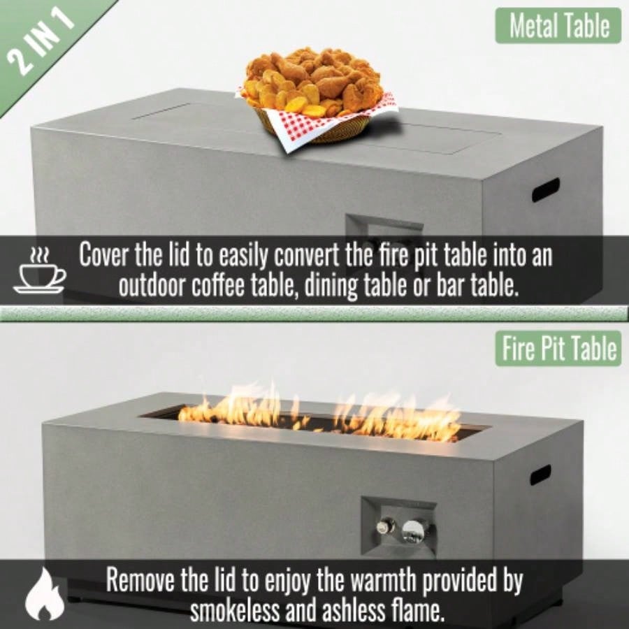 42 Propane Gas Fire Pit Table 2 - Pieces, 50000 BTU Rectangular Steel Fire Pit with Glass Wind Guard Outside Patio Deck Garden Courtyard - Gray