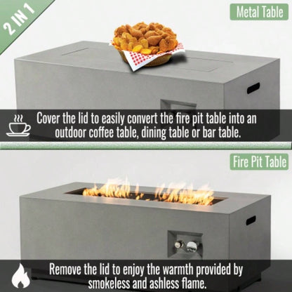42 Propane Gas Fire Pit Table 2 - Pieces, 50000 BTU Rectangular Steel Fire Pit with Glass Wind Guard Outside Patio Deck Garden Courtyard - Gray