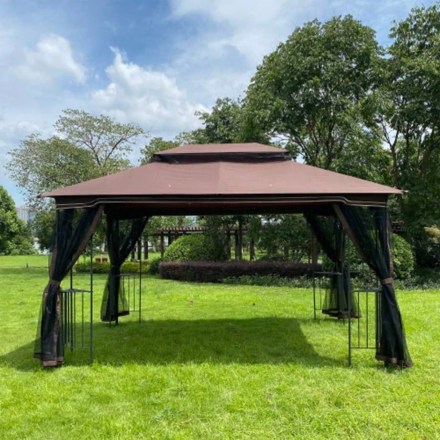 13x10 Outdoor Patio Gazebo Canopy Tent With Ventilated Double Roof And Mosquito netDetachable Mesh Screen On All SidesSuitable Lawn, Garden, Backyard and Deck, Brown Top