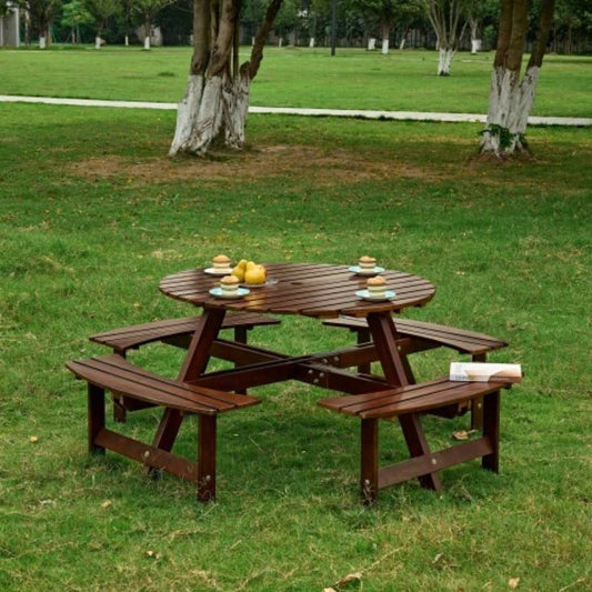 Outdoor 8 Person Picnic Table, 8 person Round Picnic Table with 4 Built - in Benches, Hole, Outside Table and Set Garden, Backyard, Porch, Patio, Brown