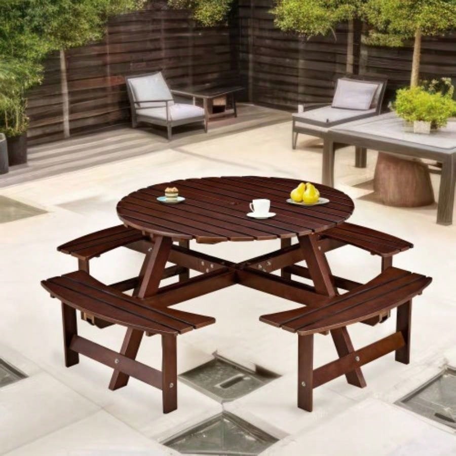 Outdoor 8 Person Picnic Table, 8 person Round Picnic Table with 4 Built - in Benches, Hole, Outside Table and Set Garden, Backyard, Porch, Patio, Brown
