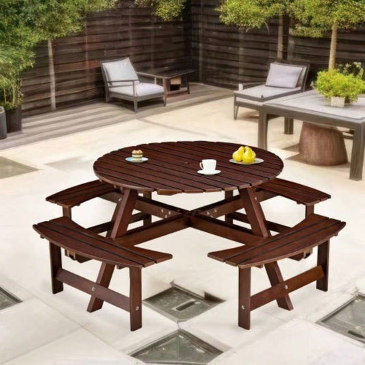 Outdoor 8 Person Picnic Table, 8 person Round Picnic Table with 4 Built - in Benches, Hole, Outside Table and Set Garden, Backyard, Porch, Patio, Brown