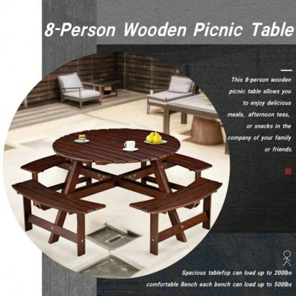 Outdoor 8 Person Picnic Table, 8 person Round Picnic Table with 4 Built - in Benches, Hole, Outside Table and Set Garden, Backyard, Porch, Patio, Brown