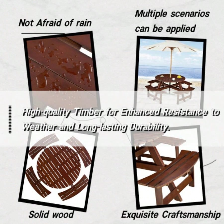 Outdoor 8 Person Picnic Table, 8 person Round Picnic Table with 4 Built - in Benches, Hole, Outside Table and Set Garden, Backyard, Porch, Patio, Brown