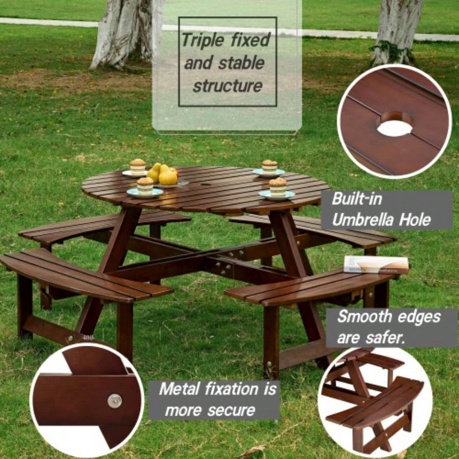 Outdoor 8 Person Picnic Table, 8 person Round Picnic Table with 4 Built - in Benches, Hole, Outside Table and Set Garden, Backyard, Porch, Patio, Brown