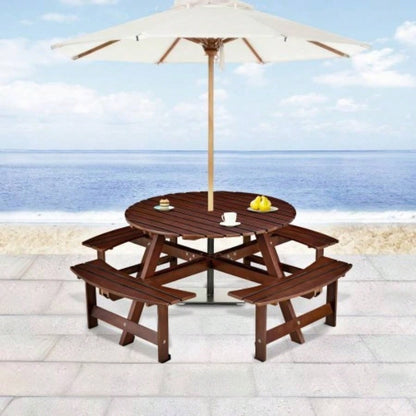 Outdoor 8 Person Picnic Table, 8 person Round Picnic Table with 4 Built - in Benches, Hole, Outside Table and Set Garden, Backyard, Porch, Patio, Brown