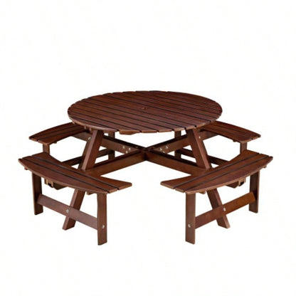 Outdoor 8 Person Picnic Table, 8 person Round Picnic Table with 4 Built - in Benches, Hole, Outside Table and Set Garden, Backyard, Porch, Patio, Brown