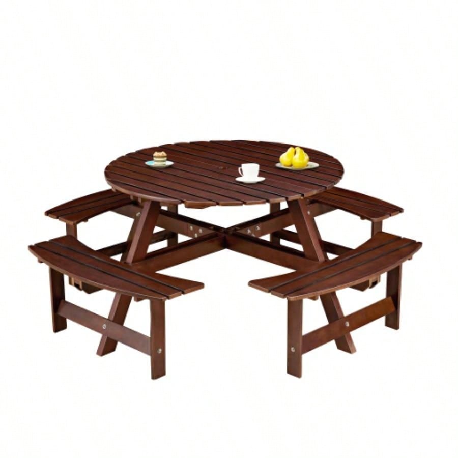 Outdoor 8 Person Picnic Table, 8 person Round Picnic Table with 4 Built - in Benches, Hole, Outside Table and Set Garden, Backyard, Porch, Patio, Brown
