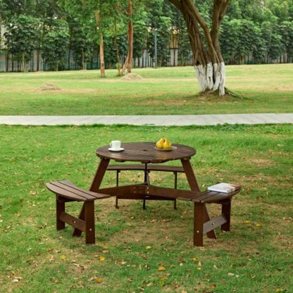 Outdoor 8 Person Picnic Table, 8 person Round Picnic Table with 4 Built - in Benches, Hole, Outside Table and Set Garden, Backyard, Porch, Patio, Brown