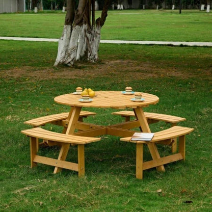 Outdoor 8 Person Picnic Table, 8 person Round Picnic Table with 4 Built - in Benches, Hole, Outside Table and Set Garden, Backyard, Porch, Patio, Brown