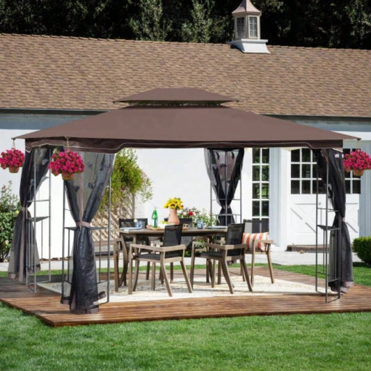 13x10 Outdoor Patio Gazebo Canopy Tent With Ventilated Double Roof And Mosquito netDetachable Mesh Screen On All SidesSuitable Lawn, Garden, Backyard and Deck, Brown Top