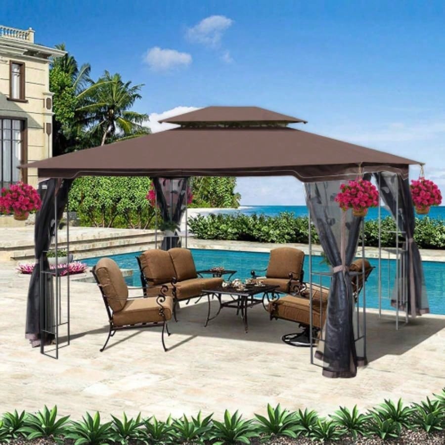 13x10 Outdoor Patio Gazebo Canopy Tent With Ventilated Double Roof And Mosquito netDetachable Mesh Screen On All SidesSuitable Lawn, Garden, Backyard and Deck, Brown Top