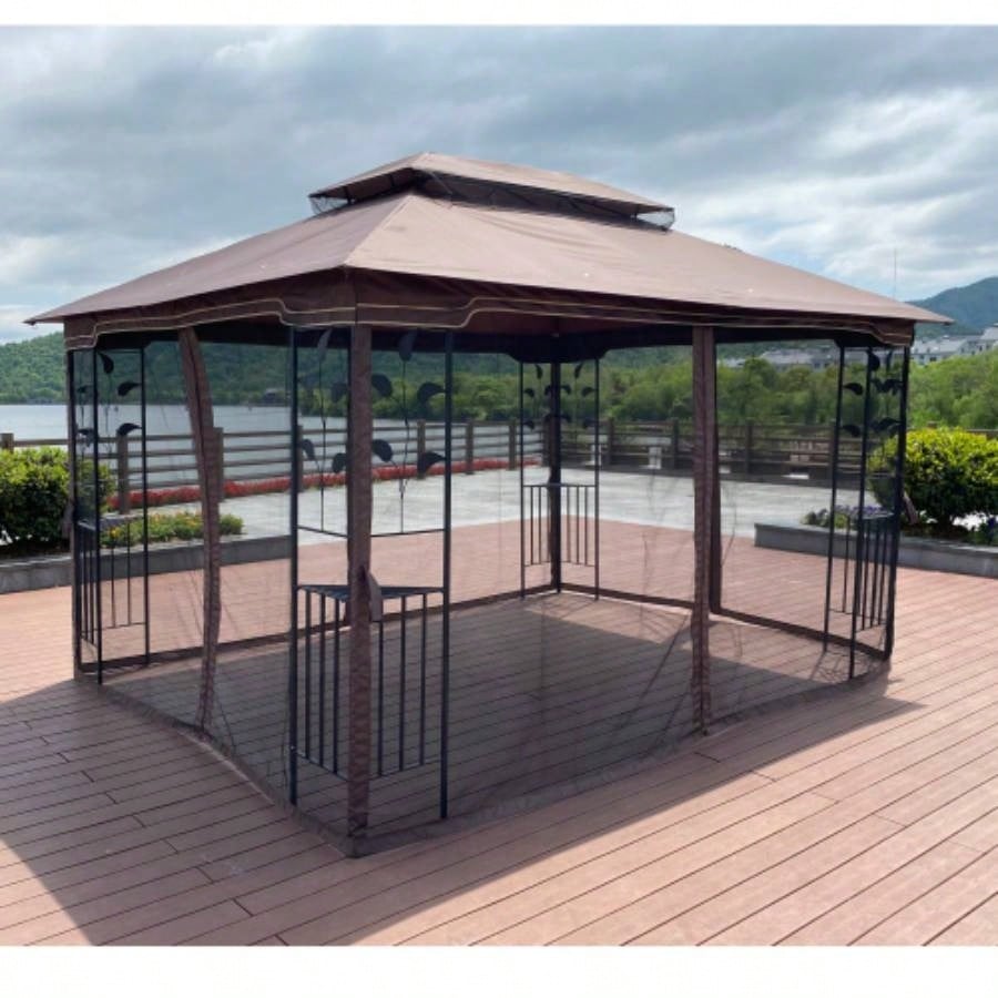 13x10 Outdoor Patio Gazebo Canopy Tent With Ventilated Double Roof And Mosquito netDetachable Mesh Screen On All SidesSuitable Lawn, Garden, Backyard and Deck, Brown Top