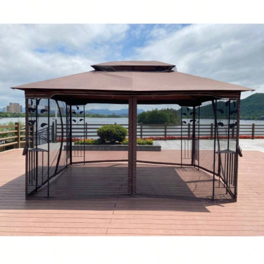 13x10 Outdoor Patio Gazebo Canopy Tent With Ventilated Double Roof And Mosquito netDetachable Mesh Screen On All SidesSuitable Lawn, Garden, Backyard and Deck, Brown Top