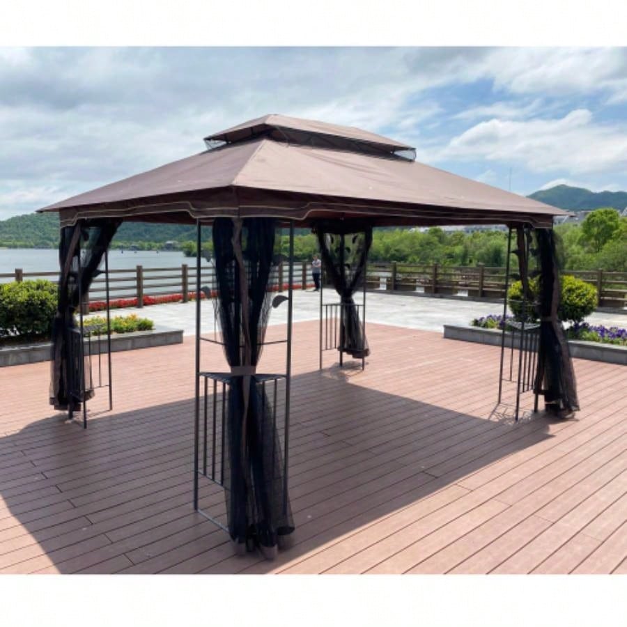 13x10 Outdoor Patio Gazebo Canopy Tent With Ventilated Double Roof And Mosquito netDetachable Mesh Screen On All SidesSuitable Lawn, Garden, Backyard and Deck, Brown Top