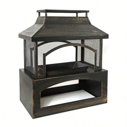 37 - Inch Rectangular Metal Outdoor Wood Burning Fireplace - Outdoor Fireplace with Built - in Log Storage and Poker - Brushed Bronze, Log Fire Pit Patio Garden And Backyard