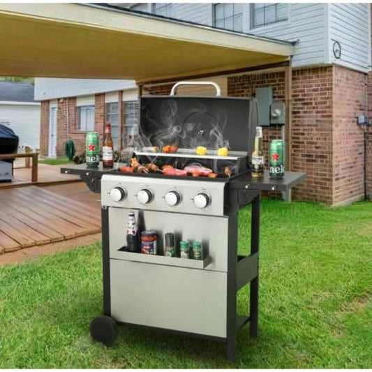 4 - Propane Gas BBQ Grill, 34200BTU Output With Wire Enamel Cooking Grids Outdoor Barbecue, Foldable Side Table, Hanging Basket, Stainless Steel