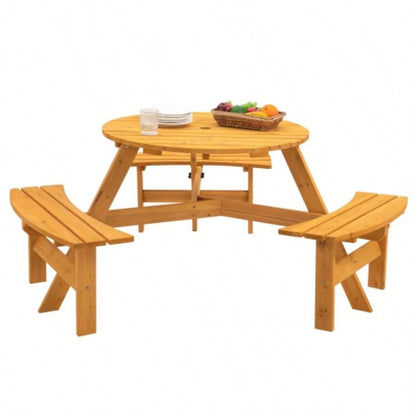 6 - Person Circular Outdoor Wooden Picnic Table Patio, Backyard, Garden,/ 3 Built - in Benches, 1720lb Capacity - Natural