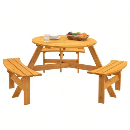 6 - Person Circular Outdoor Wooden Picnic Table Patio, Backyard, Garden,/ 3 Built - in Benches, 1720lb Capacity - Natural