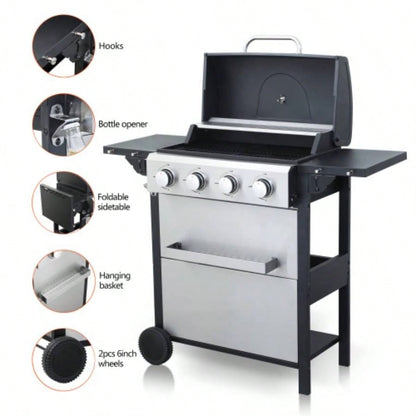 4 - Propane Gas BBQ Grill, 34200BTU Output With Wire Enamel Cooking Grids Outdoor Barbecue, Foldable Side Table, Hanging Basket, Stainless Steel