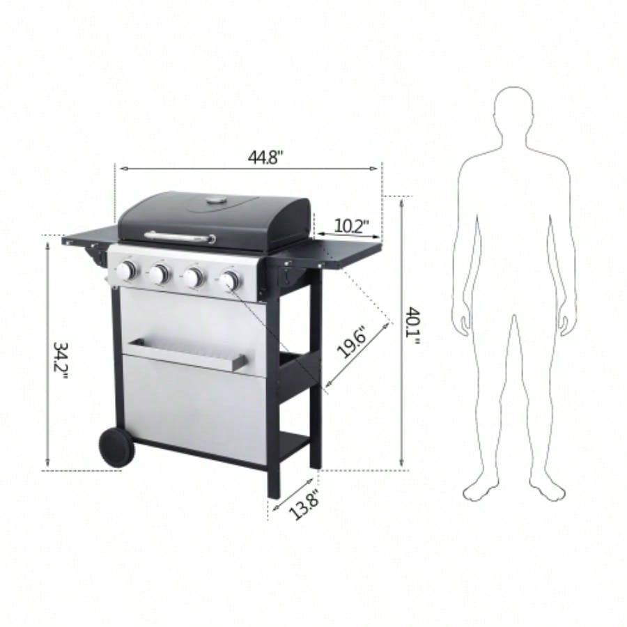4 - Propane Gas BBQ Grill, 34200BTU Output With Wire Enamel Cooking Grids Outdoor Barbecue, Foldable Side Table, Hanging Basket, Stainless Steel