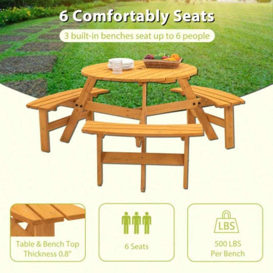 6 - Person Circular Outdoor Wooden Picnic Table Patio, Backyard, Garden,/ 3 Built - in Benches, 1720lb Capacity - Natural