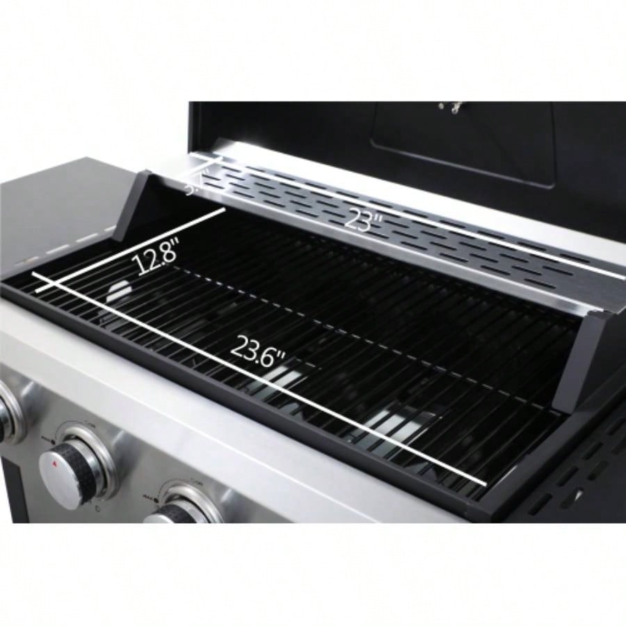 4 - Propane Gas BBQ Grill, 34200BTU Output With Wire Enamel Cooking Grids Outdoor Barbecue, Foldable Side Table, Hanging Basket, Stainless Steel