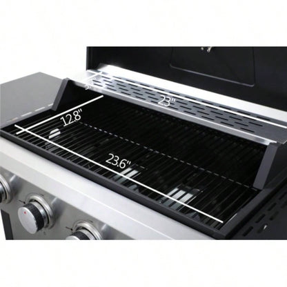 4 - Propane Gas BBQ Grill, 34200BTU Output With Wire Enamel Cooking Grids Outdoor Barbecue, Foldable Side Table, Hanging Basket, Stainless Steel