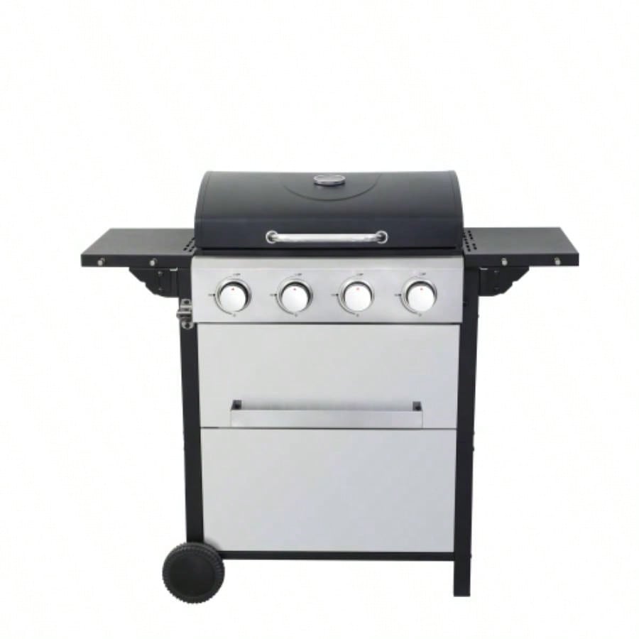 4 - Propane Gas BBQ Grill, 34200BTU Output With Wire Enamel Cooking Grids Outdoor Barbecue, Foldable Side Table, Hanging Basket, Stainless Steel