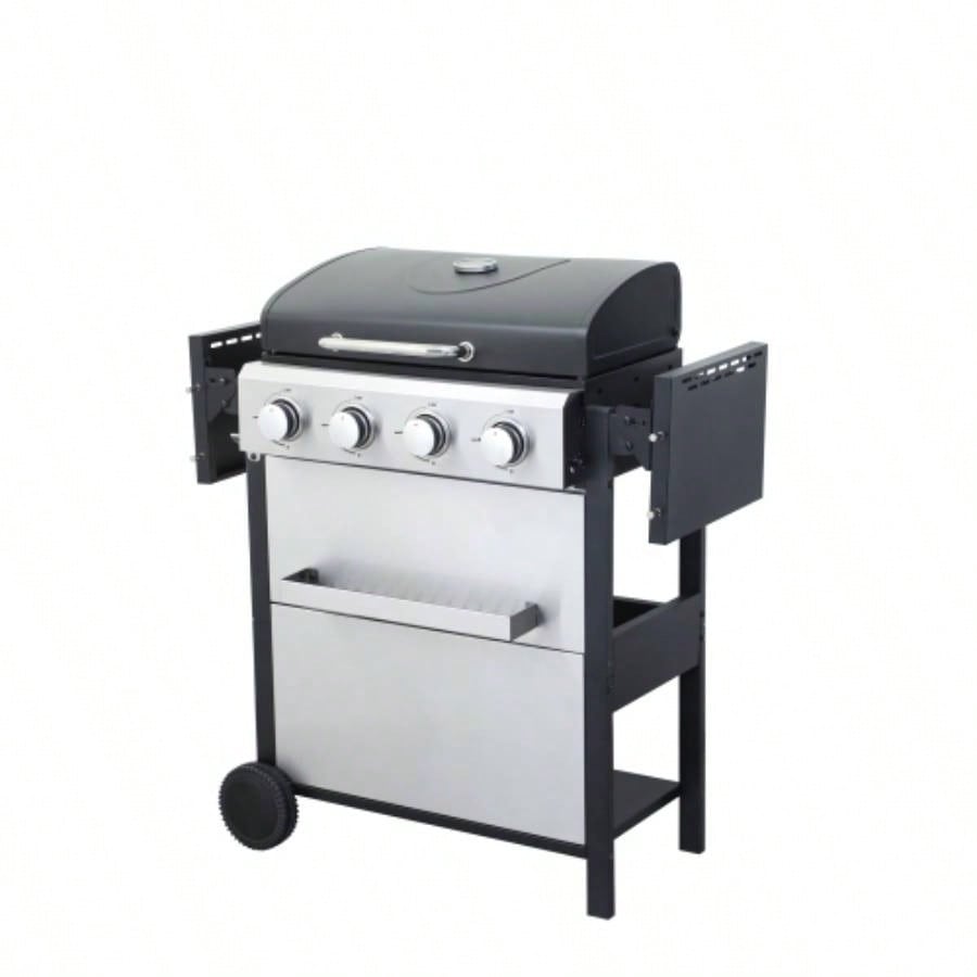 4 - Propane Gas BBQ Grill, 34200BTU Output With Wire Enamel Cooking Grids Outdoor Barbecue, Foldable Side Table, Hanging Basket, Stainless Steel