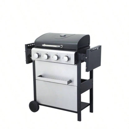 4 - Propane Gas BBQ Grill, 34200BTU Output With Wire Enamel Cooking Grids Outdoor Barbecue, Foldable Side Table, Hanging Basket, Stainless Steel