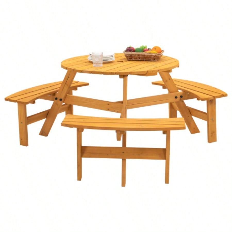 6 - Person Circular Outdoor Wooden Picnic Table Patio, Backyard, Garden,/ 3 Built - in Benches, 1720lb Capacity - Natural