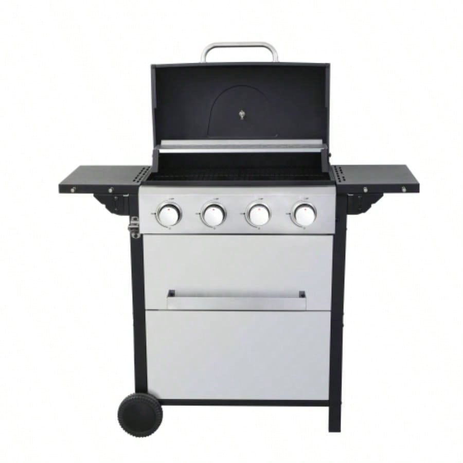 4 - Propane Gas BBQ Grill, 34200BTU Output With Wire Enamel Cooking Grids Outdoor Barbecue, Foldable Side Table, Hanging Basket, Stainless Steel