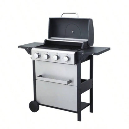 4 - Propane Gas BBQ Grill, 34200BTU Output With Wire Enamel Cooking Grids Outdoor Barbecue, Foldable Side Table, Hanging Basket, Stainless Steel