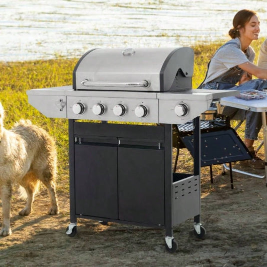 Propane Grill 4 Barbecue Grill Stainless Steel Gas Grill with Side, 46, 500 BTU Outdoor Cooking, Patio, Garden Barbecue Grill, Black and Silver