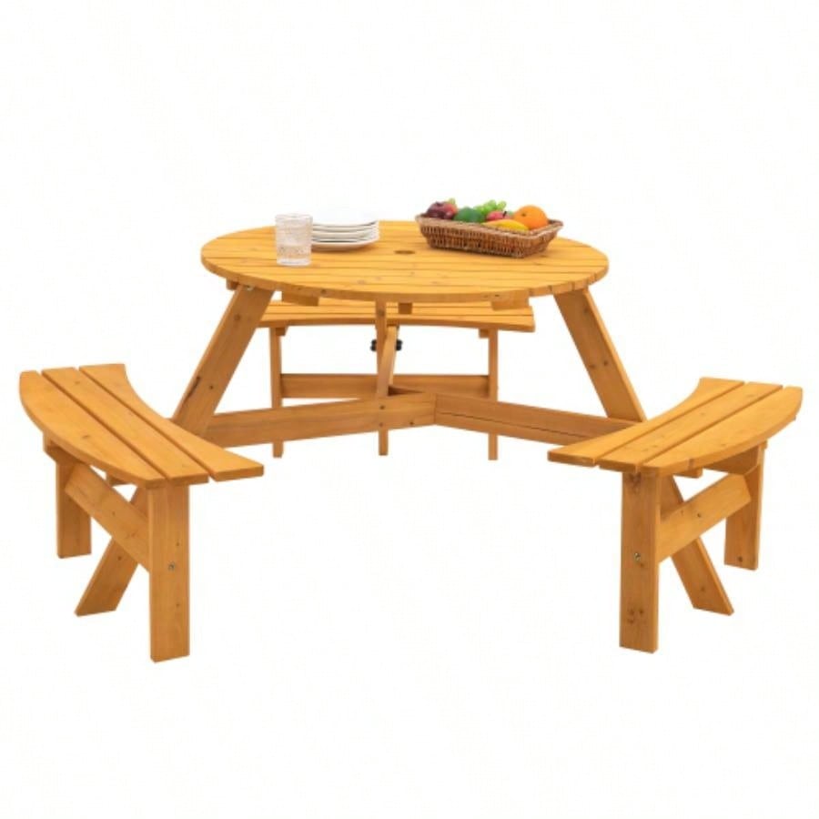 6 - Person Circular Outdoor Wooden Picnic Table Patio, Backyard, Garden,/ 3 Built - in Benches, 1720lb Capacity - Natural