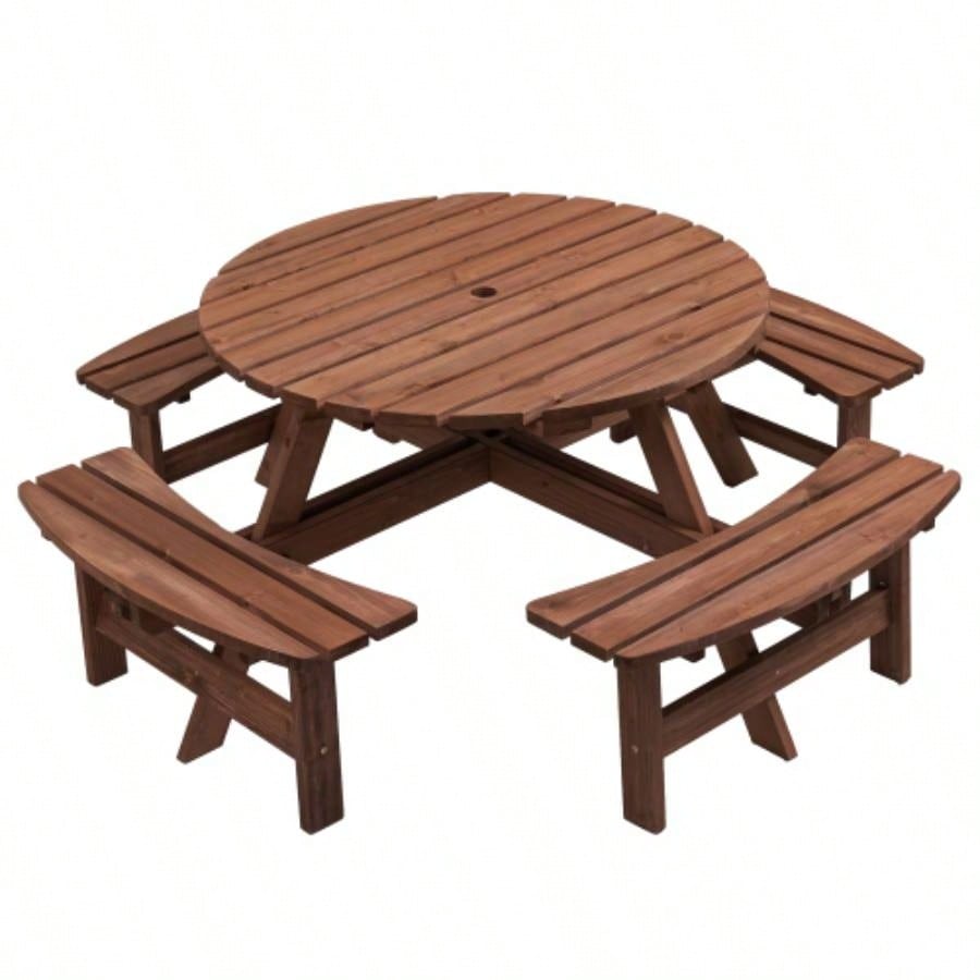 6 - Person Circular Outdoor Wooden Picnic Table Patio, Backyard, Garden,/ 3 Built - in Benches, 1720lb Capacity - Natural
