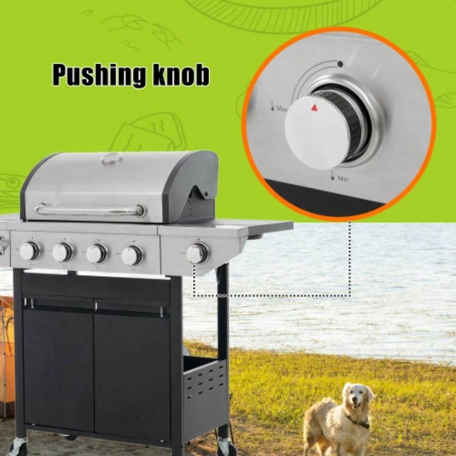 Propane Grill 4 Barbecue Grill Stainless Steel Gas Grill with Side, 46, 500 BTU Outdoor Cooking, Patio, Garden Barbecue Grill, Black and Silver
