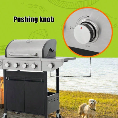 Propane Grill 4 Barbecue Grill Stainless Steel Gas Grill with Side, 46, 500 BTU Outdoor Cooking, Patio, Garden Barbecue Grill, Black and Silver